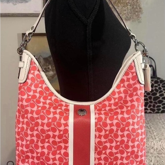 Coach Handbags - Coach Coral Signature Canvas Shoulder Bag with Cream Trim